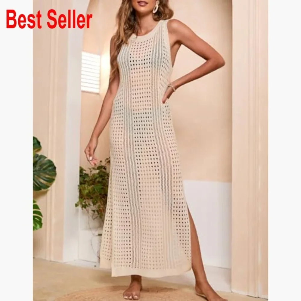 Crochet Cover Up Dress Hollow Out Side Split Sleeveless Beach